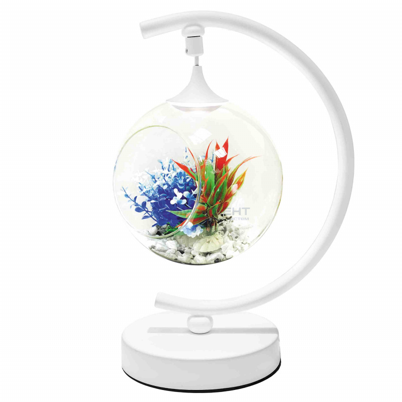 FT-10 Фитосветильник настольный, светодиодный, стеклянный шар Ø200мм, 5 В, 3Вт, диммер, USB-штекер длиной 1,8 м, С-образный, белый